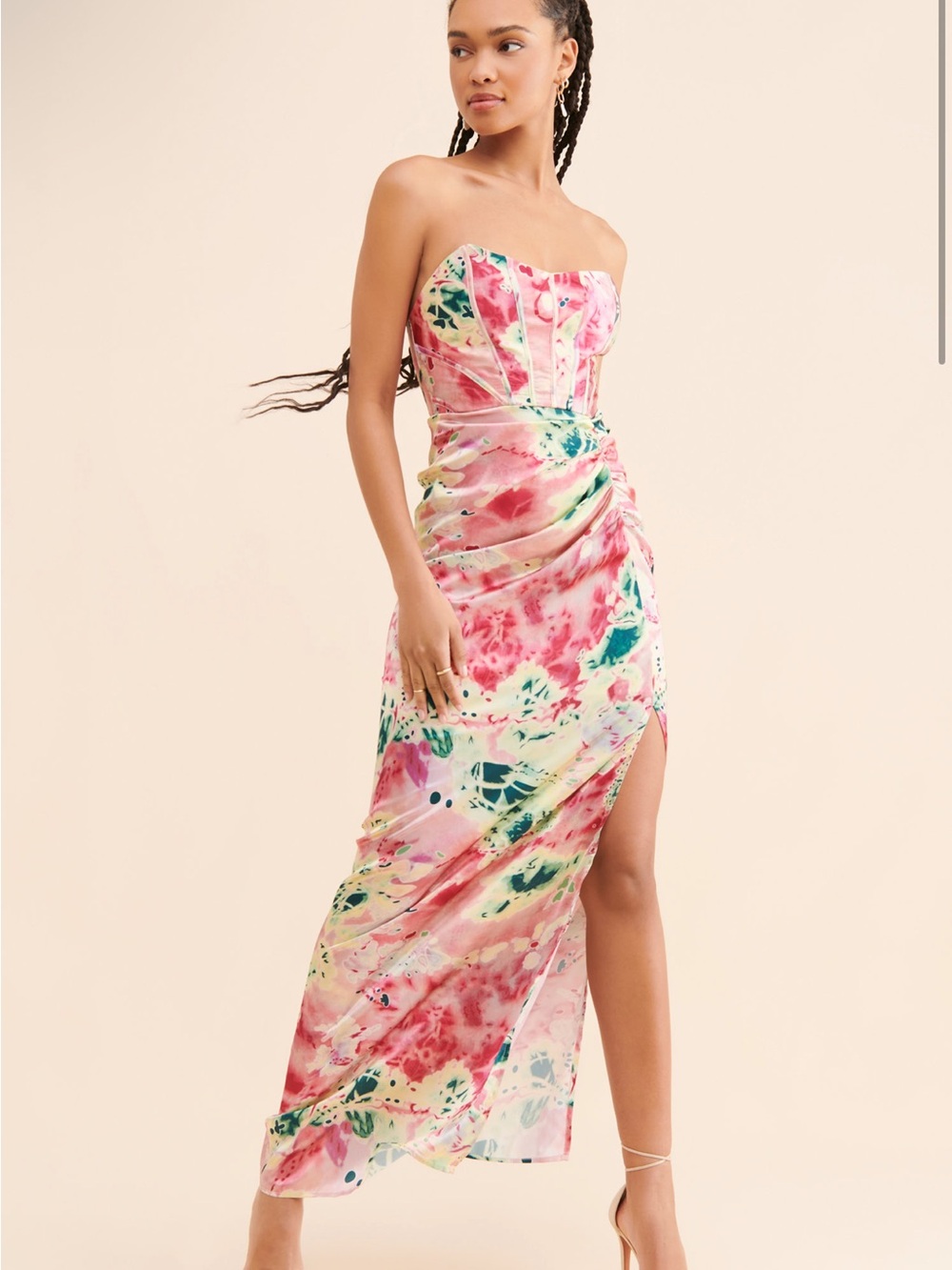 Strapless Watercolor-Print Pink Maxi Dress with Side Slit